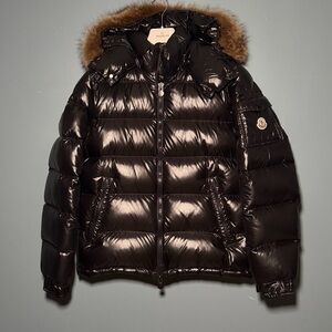 Moncler Shiny Black Down Jacket with Brown Fur Hood